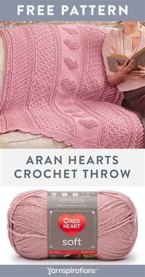 Red Heart Aran Hearts Throw | Yarnspirations | Crochet throw pattern ...