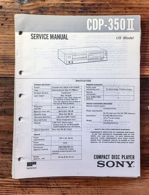 Sony CDP-350 II CD Player Service Manual *Original* – Vintage Audio Store - Vintage Service ...