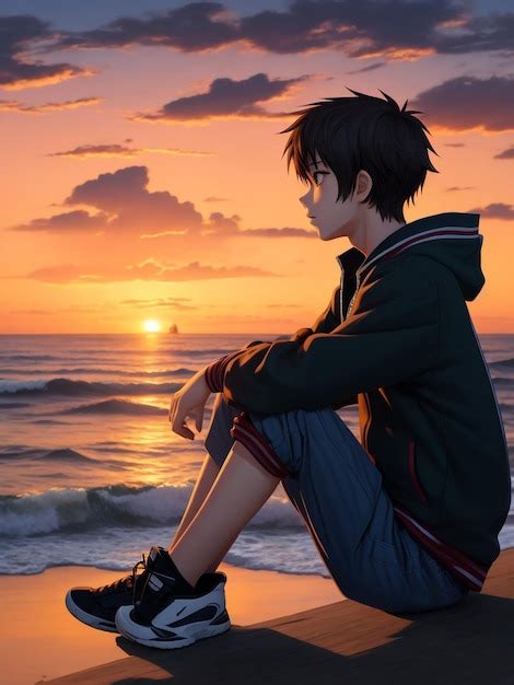 Premium AI Image | Artistic image of Boy anime on the beach watching sunset