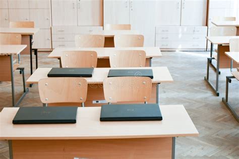 Classroom With Wooden School Desks And Chairs Stock Image - Image of ...