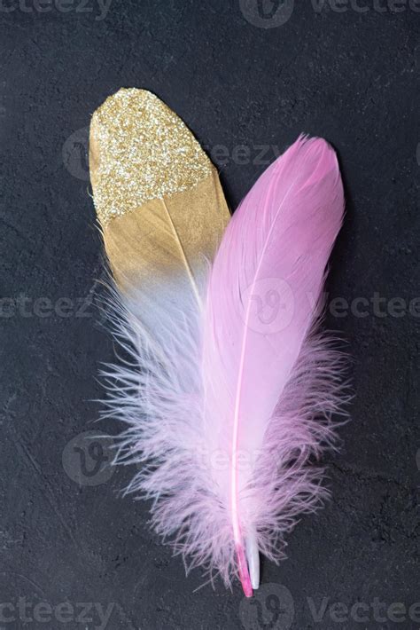 Pink and white feathers with gold decor on a dark vintage textured background 10546119 Stock ...