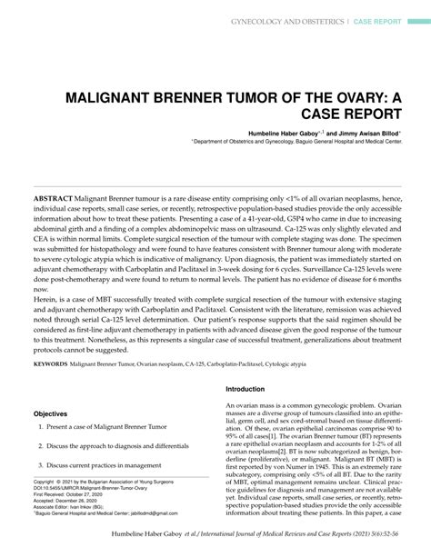 (PDF) Malignant Brenner Tumor of the Ovary: A Case Report