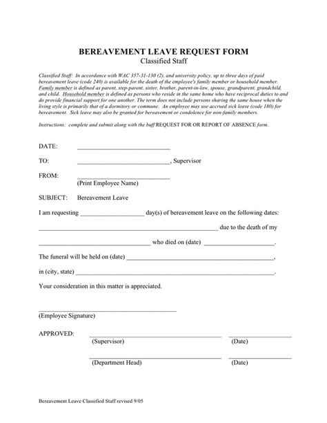 Bereavement leave request form in Word and Pdf formats