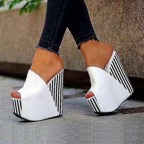 Shoespie White Platform Stripe Peep Toe Wedge Heels | High heels, Mules ...