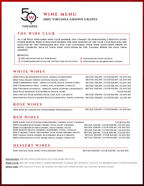 50 West Winery and Vineyard - Menus - Wine Menu