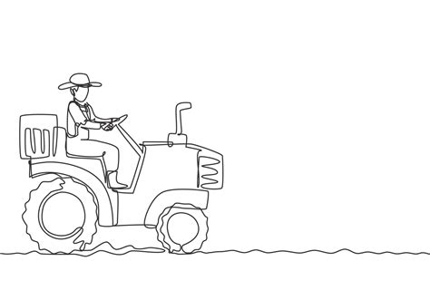 Single continuous line drawing young male farmer drive a tractor to ...