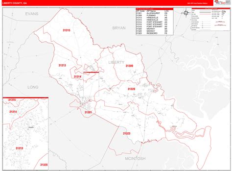 Liberty County, GA Zip Code Wall Map Red Line Style by MarketMAPS