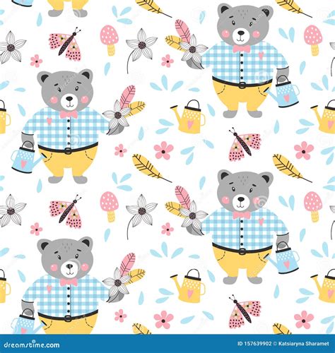 Seamless Pattern with Cute Bear on a White Background. Vector ...