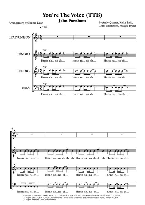 You're The Voice (arr. Emma Dean) by John Farnham Sheet Music for TTBB ...