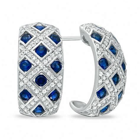 Zales Lab-Created Blue and White Sapphire Lattice J-Hoop Earrings in ...