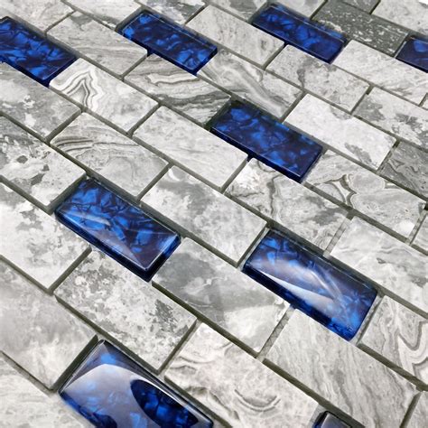 Gray & Royal Blue 1x2 Subway Tile Kitchen Backsplash Polished Marble ...