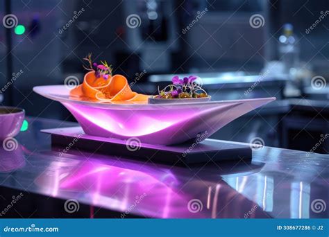 Futuristic Culinary Presentation on Illuminated Serving Dish in a Modern Kitchen Stock Photo ...