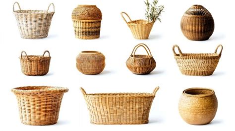 Nine different wicker baskets with handles and different shapes on ...