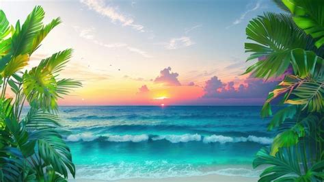 Premium AI Image | Palm trees on a beach with a sunset in the background