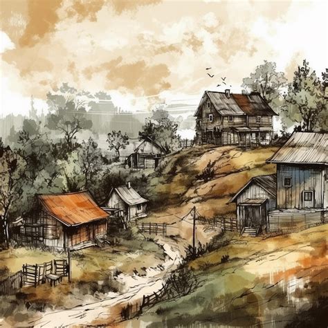 Premium AI Image | Watercolor painting of a village