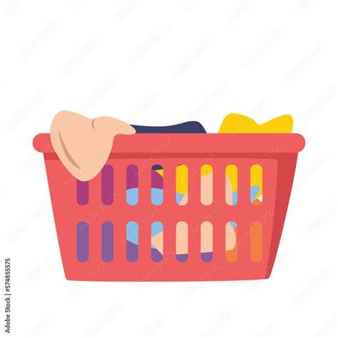 Laundry basket with dirty clothes in flat style vector illustration. Simple red plastic laundry ...