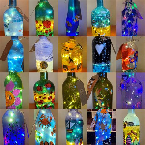 Glass Sculptures & Figurines Glass Art Hand painted bottle with lights ...