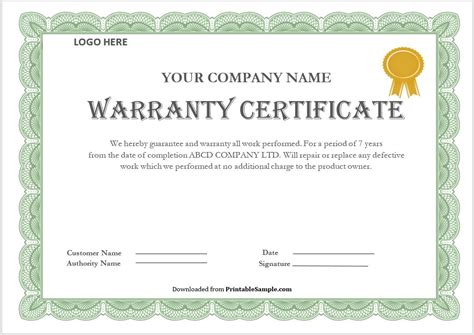 18 Free Sample Warranty Certificate Templates - Printable Samples