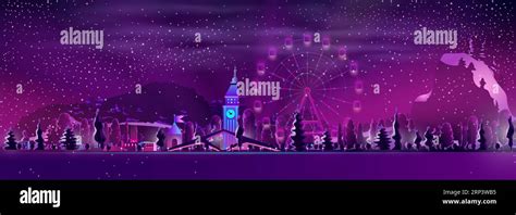 City amusement park, winter resort cartoon vector night landscape in neon colors. Illuminated ...