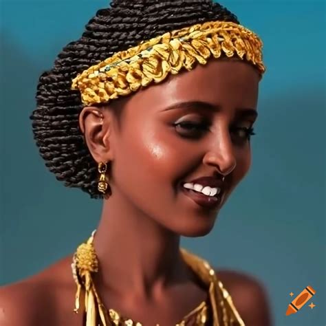 Portrait of a smiling ethiopian queen in stunning landscape on Craiyon