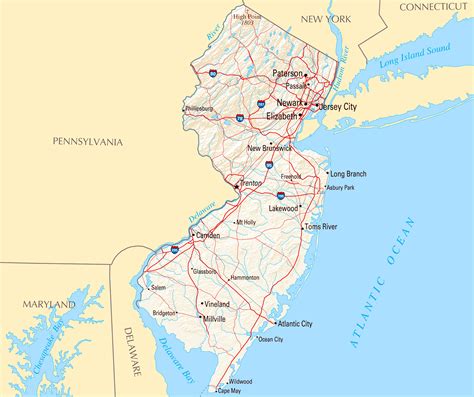 Large map of New Jersey state with roads, highways, relief and major cities | New Jersey state ...