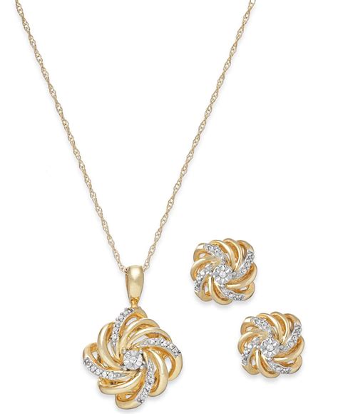 Macy's Diamond Love Knot Jewelry Set In 10k Gold (1/10 Ct. T.w.) in ...