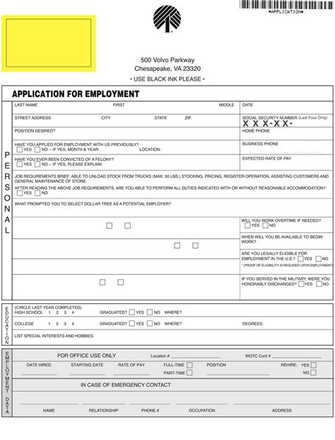 Dollar Tree Job Application Form to Employment Free Download