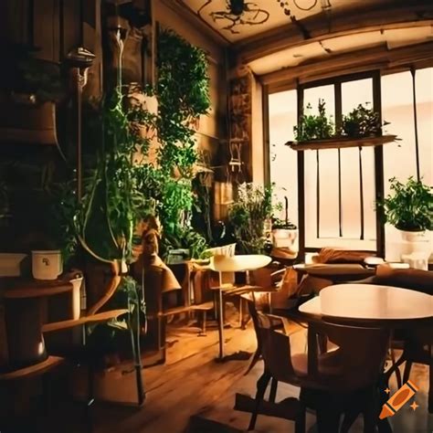 Cozy tea cafe with plants and vintage decor