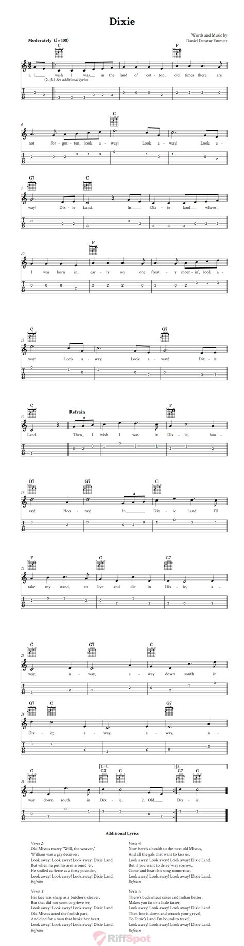 Dixie: Chords, Sheet Music, and Tab for Guitar with Lyrics