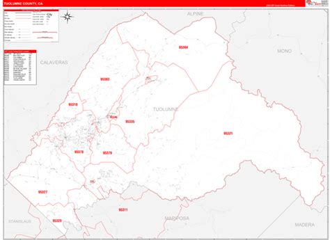 Tuolumne County, CA Zip Code Wall Map Red Line Style by MarketMAPS - MapSales