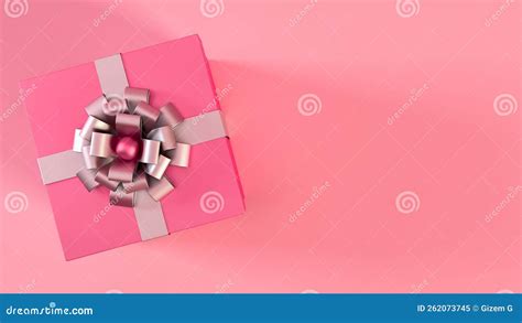 Top View of 3d Pink Gift Box with Silver Ribbon and Bow on Pink ...