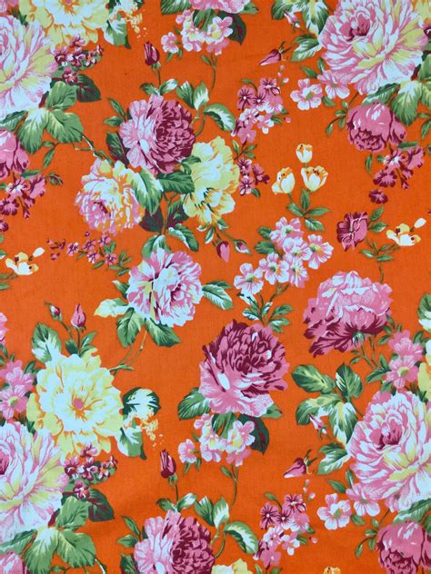 Beautiful 70s vintage Roses fabric Retro floral print Cotton Orange Pink English Quilting fabric ...