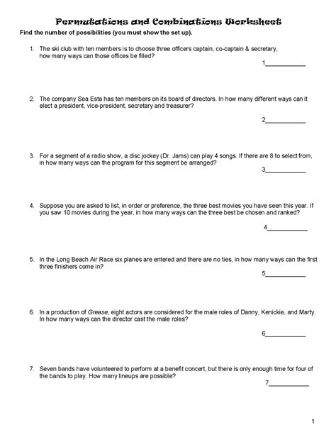 Permutations and Combinations Worksheet | Lecture notes ... - Worksheets Library