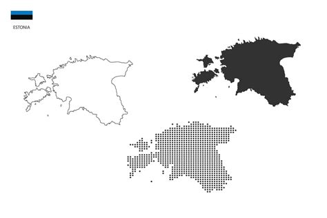 3 versions of Estonia map city vector by thin black outline simplicity style, Black dot style ...