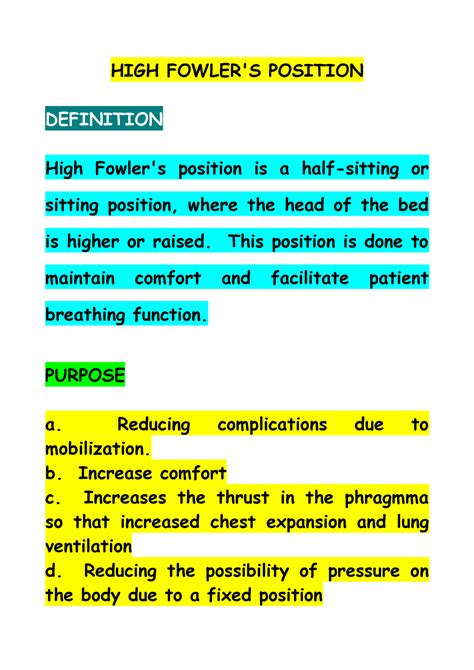 Position fowler - HIGH FOWLER'S POSITION DEFINITION High Fowler's position is a half-sitting or ...