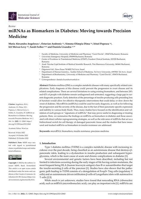 (PDF) miRNAs as Biomarkers in Diabetes: Moving towards Precision Medicine