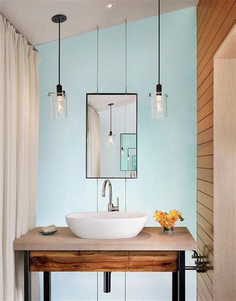 Bathroom Ideas, Double Pendant Modern Bathroom Lighting Above Sink Vessel And Framed Mirror ...