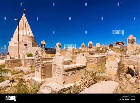 Yezidi graveyard and temples at Ain Sifni, traditional home of the yezidi hierarchy. Ninawa ...