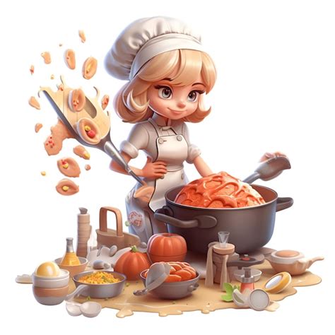 Premium AI Image | Cute cartoon girl chef cooking pumpkin soup in pot with ladle and ladle