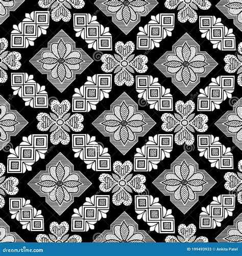 Black and White Seamless Floral Pattern Batik Design Stock Illustration - Illustration of ...