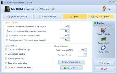 Mz Ram Booster for Windows tweaks settings to boost RAM