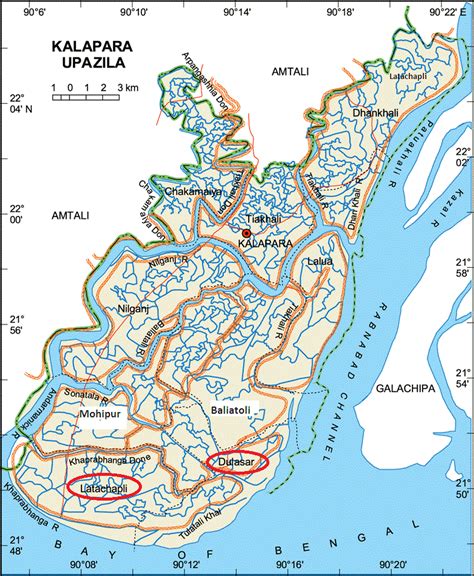 Map of Patuakhali District showing Kalapara Upazila | Download ...