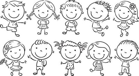 Ten happy cartoon kids, black and white outline. | Rostros de dibujos ...