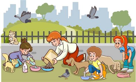 Premium Vector | Children feeding stray animals cartoon vector