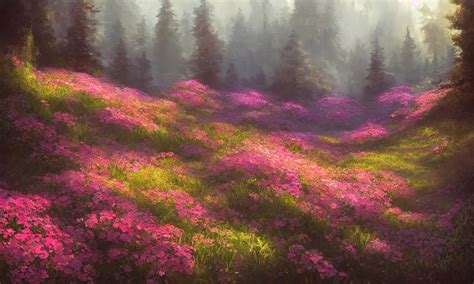 Premium Photo | Large flower meadow in the forest small shrubs with flowers a magical fantasy ...