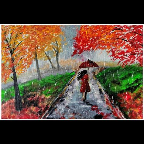 Rainy Day Acrylic Painting | Walking in the Rain | Rainy Season Scenery ...