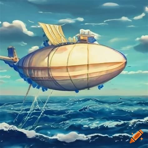 Vintage airship floating above the ocean on Craiyon