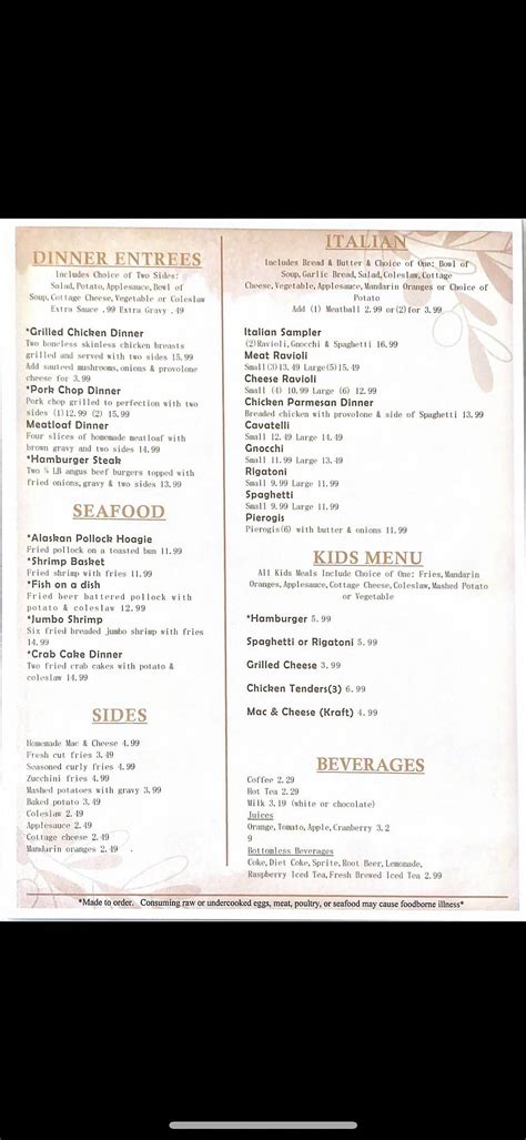 Menu at Hills Restaurant, New Eagle, 107 Main St