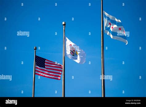 The US flag Illinois state flag and the city of Chicago flag Stock Photo - Alamy