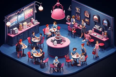 Isometric Cozy Coffee Shop Illustration with Intricate Details and Vibrant Colors Stock ...